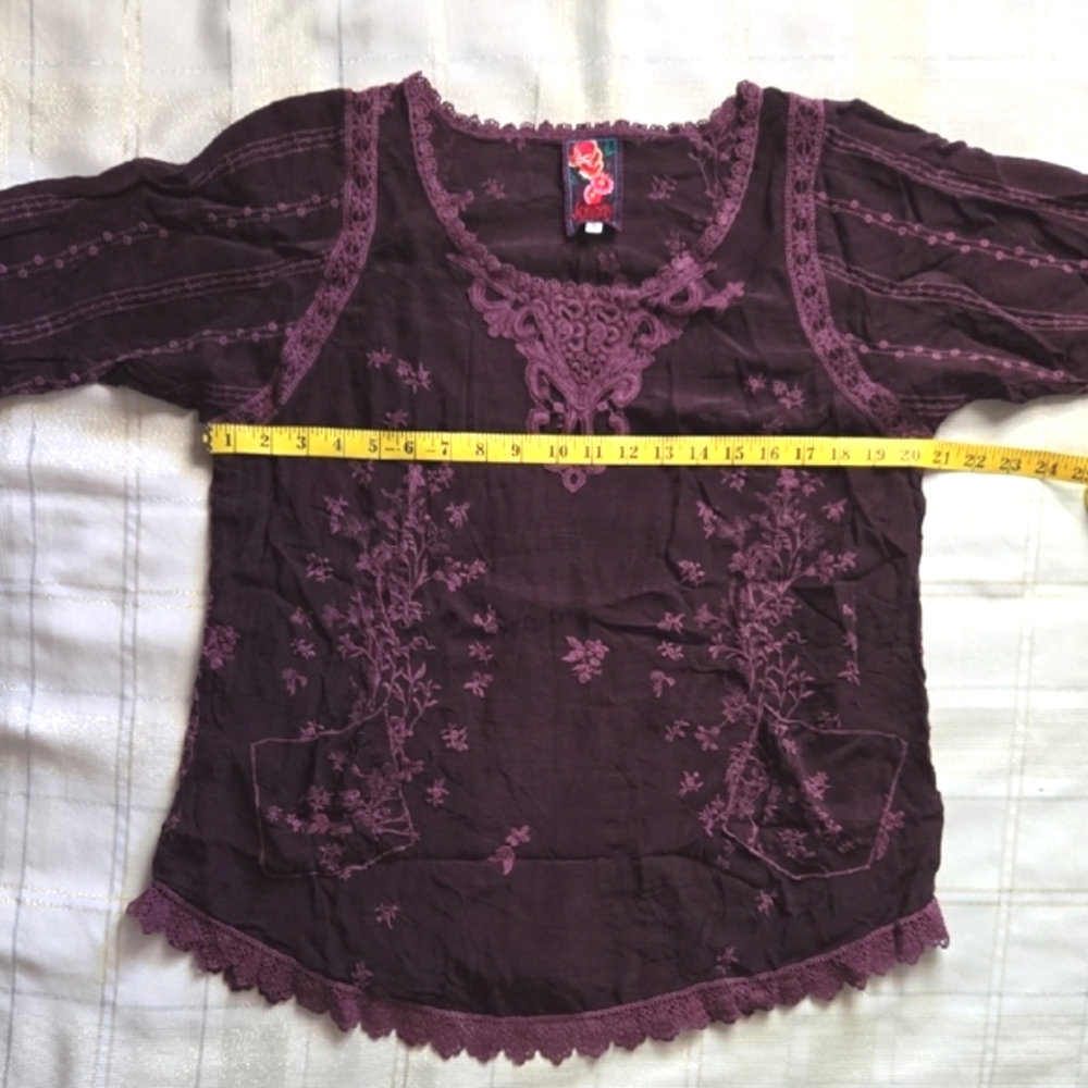 Johnny Was Purple Embroidered 3/4 Sleeve Blouse - Picture 8 of 13